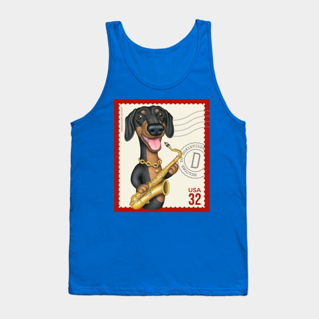 Funny Doxie playing Sax on vintage postage stamp Tank Top by Danny Gordon Art